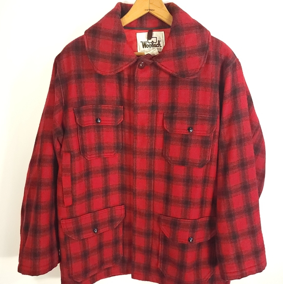 Vtg Woolrich Jacket Men's 44 Red Black Buffalo Plaid Wool Blend Lined Hunting